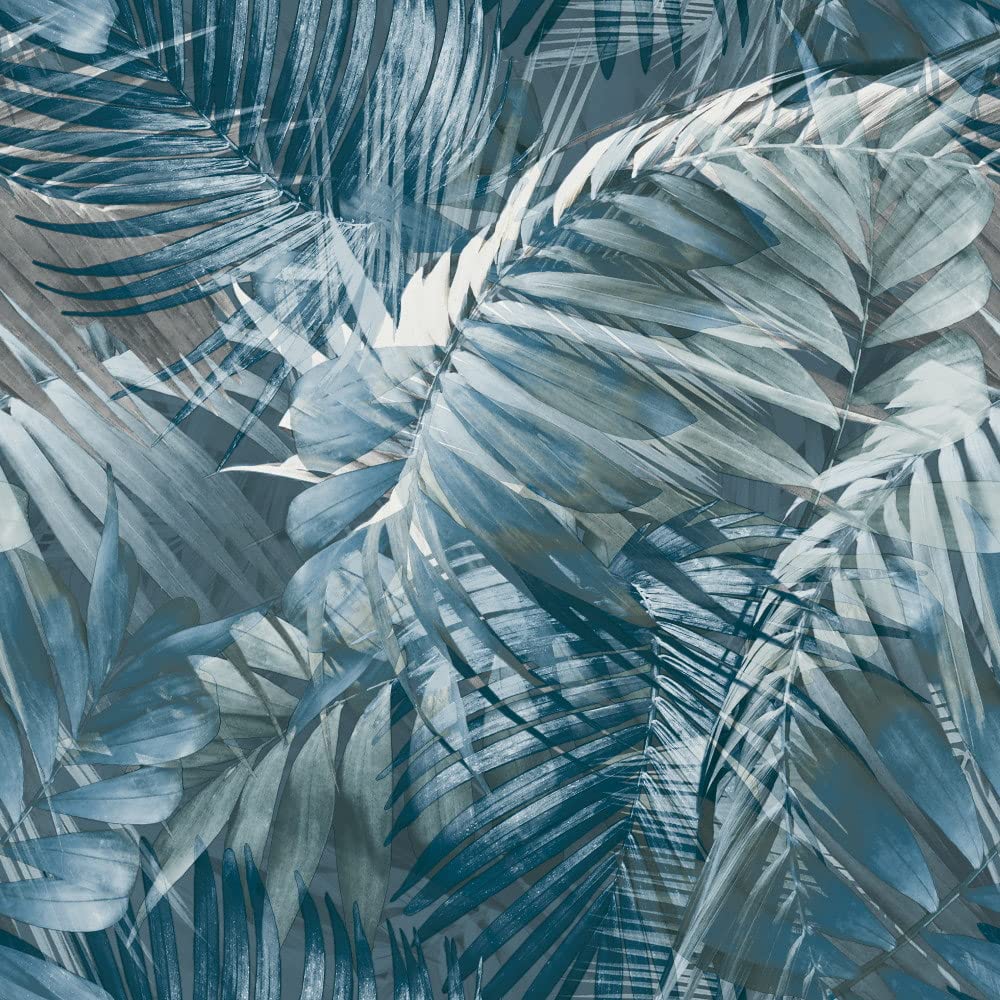 Antigua Palm Navy Blue Wallpaper Grandeco Tropical Jungle Leaf White Textured