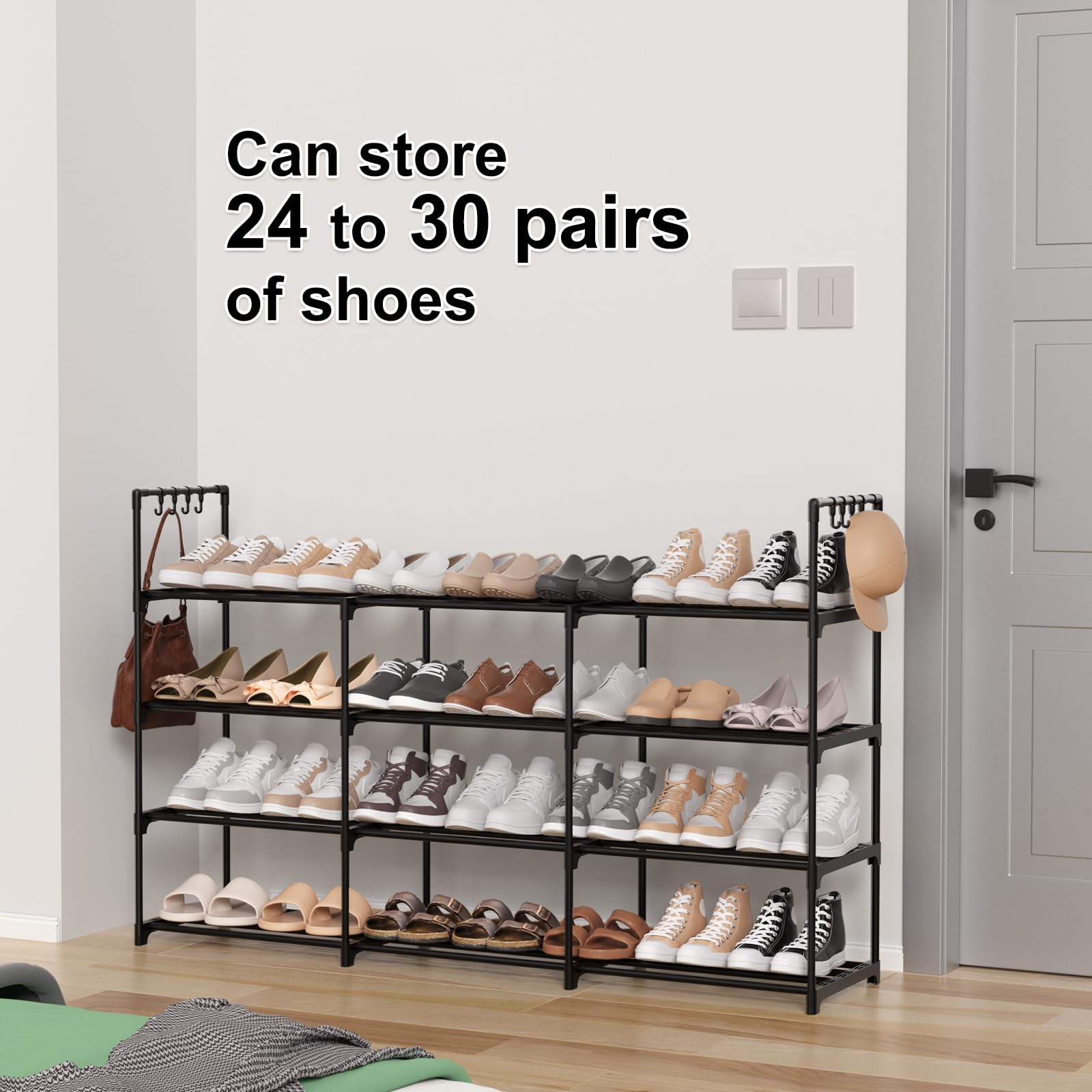 3-reihiges Schuhregal mit 4 Ebenen, schwarzes Metall-Schuhregal, stapelbares Schuhregal mit multifunktionalen Haken, Platz für 24–30 Paar, platzsparendes Schuhregal, Schuhregal für Schrank,