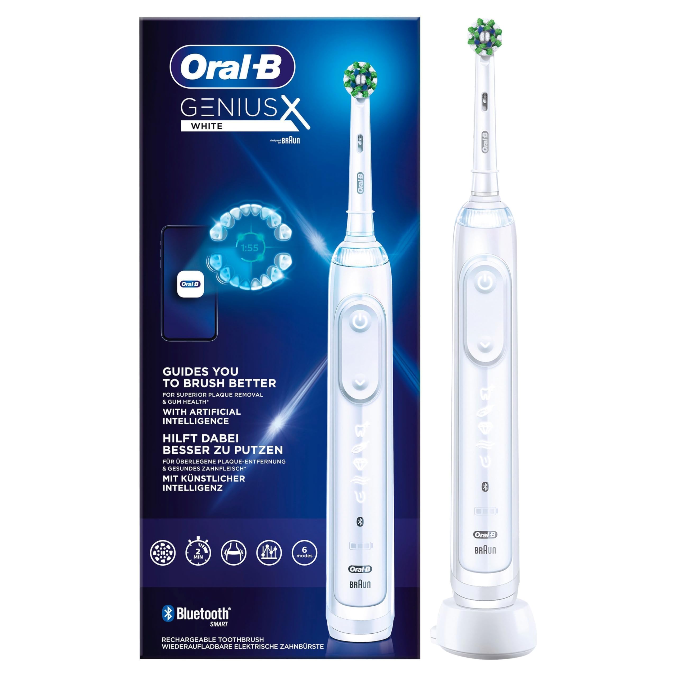 Oral-B Genius X Elektrische Zahnbürste/Electric Toothbrush, 6 Putzmodi für Zahnpflege, künstliche Intelligenz & Bluetooth-App, Geschenk Mann/Frau, Designed by Braun, weiß