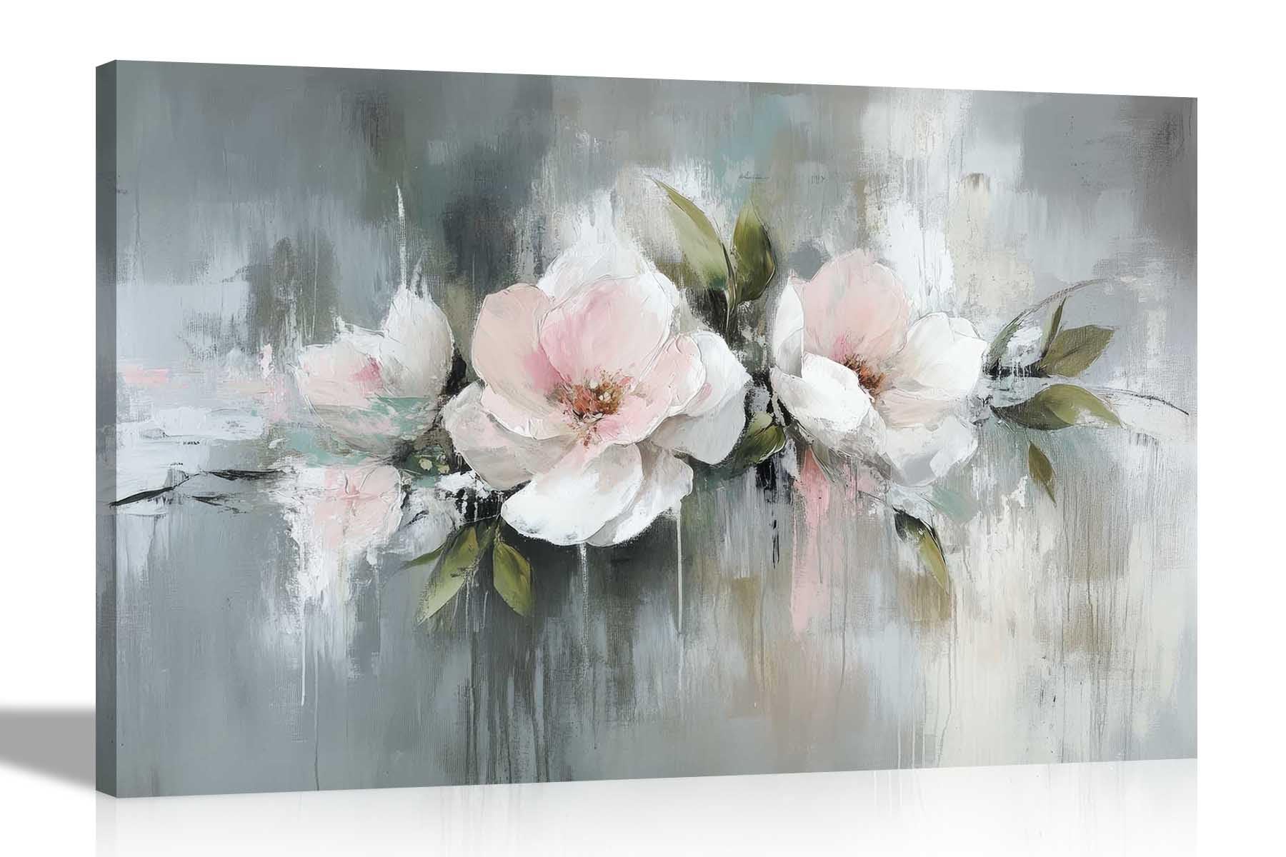 Artley Prints Pink White Grey Flowers - Abstract Pink And White Flowers Grey Background Canvas Wall Art Pictures For Living Room, Bedroom, Hallway Prints 76 X 50Cm (30 X 20 Inches)