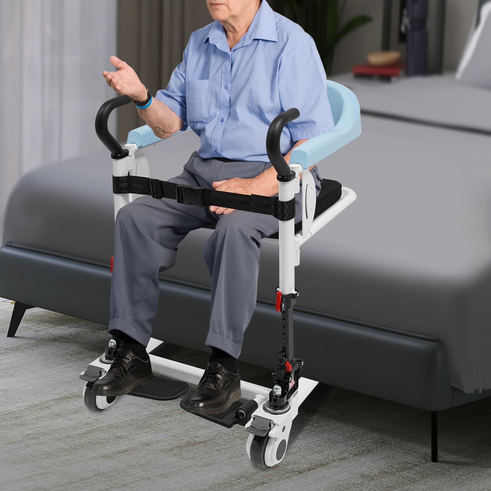 Silla elevadora hidráulica para pacientes, 8 alturas ajustables, hasta 120 kg, asiento dividido de 180°, orinal con tapa, cinturón de seguridad, 4 ruedas con frenos, silla de ducha, silla de inodoro