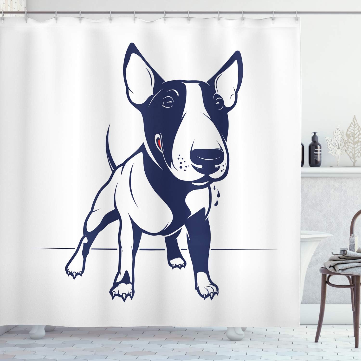 Lunarable Bull Terrier Shower Curtain, Pet Lover Themed Monotone Cartoon Style English Breed Dog Illustration, Cloth Fabric Bathroom Decor Set with Hooks, 69" W x 75" L, Indigo and White