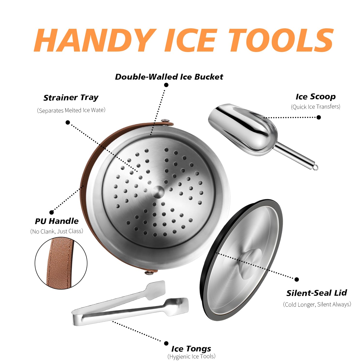 Bakpoco Cubo de hielo aislado de doble pared de acero inoxidable con tapa, cuchara, pinza, colador, mango de cuero para mantener el hielo congelado durante más tiempo, cubos de hielo grandes para
