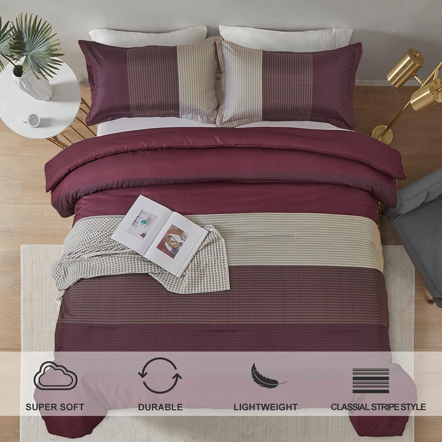 WONGS BEDDING Burgundy Comforter Set Queen, Reversible Burgundy Stripe Down Alternative Comforter for All Season,3 Pieces(1 Comforter+2 Pillowcases), Soft Microfiber Bedding Duvet Set 90”×90” - Image 3