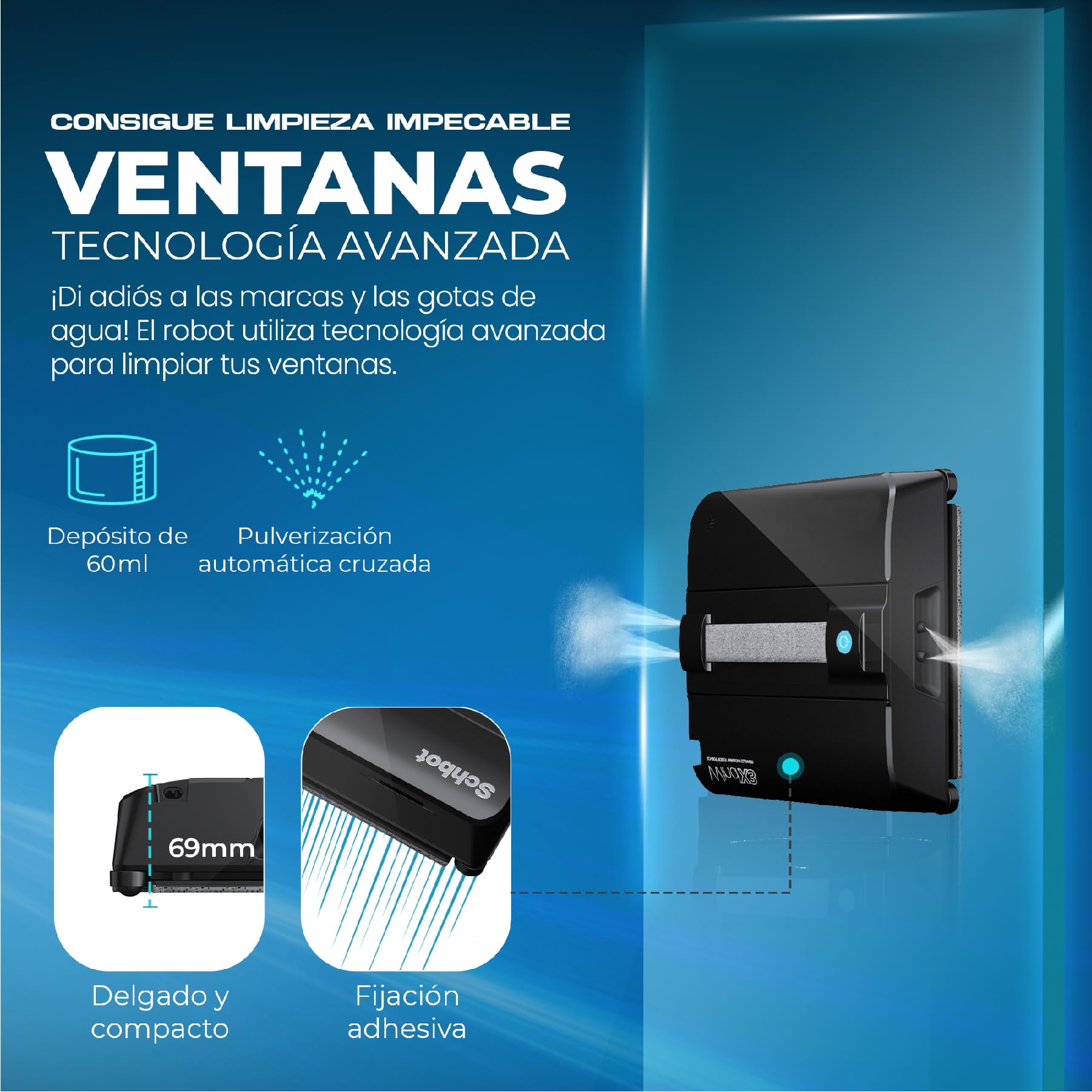 Wind X3 Robot Limpiacristales con Spray Automático - Limpia cristales Electrico Anticaídas para Espejos y Superficies Lisas, Limpia Cristales Ventanas Eficazmente sin Dejar Marcas
