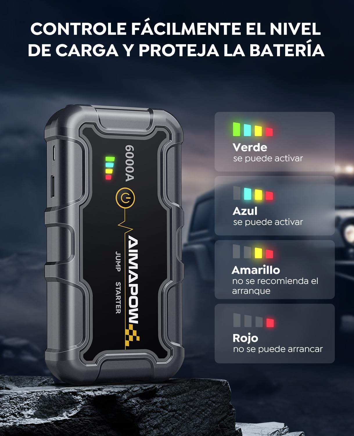 Arrancador de Baterias de Coche, Arrancador de Coches Portatil 6000A, 12V Jump Starter (hasta Todo Gas o Diésel de 10,0L), Clips de Seguridad Inteligentes, LED de 400 Lúmenes, Caja Portátil