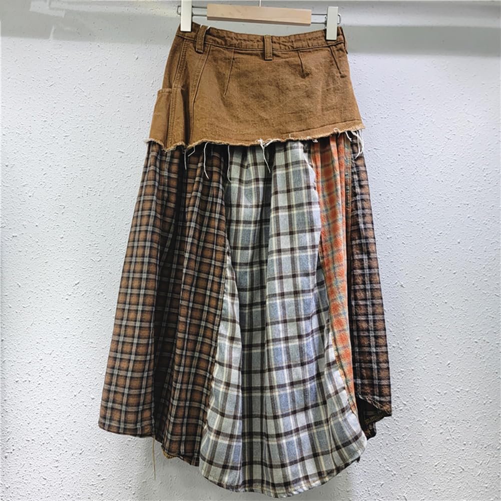Women High Waisted Plaid Midi Skirts Patchwork Long Jeans Skirts