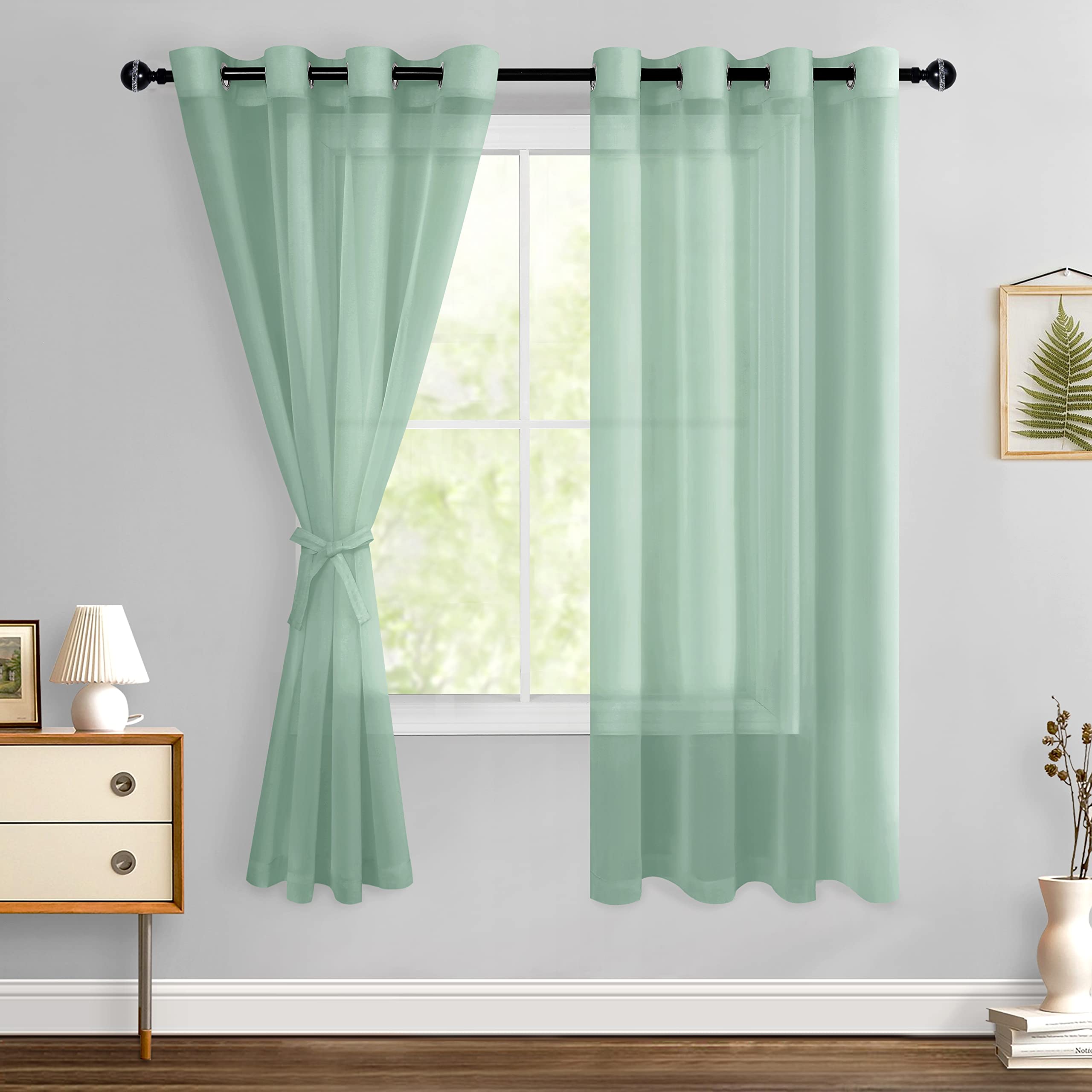 Hiasan Sheer Curtains for Bedroom with Tiebacks, Lightweight Airy Voile Drapes Light Filtering Grommet Window Curtains for Living Room, Nursery,