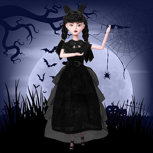 Miniatura 5 de Muñecas negras para niñas de 11.5 pulgadas, cuerpo suave y cabello negro, tacones altos negros, vestido negro y accesorios