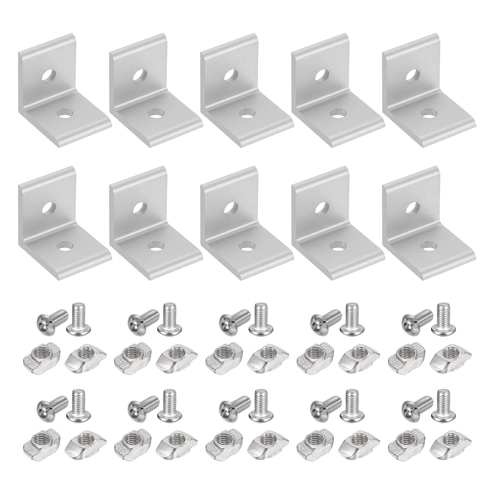 sourcing map 10Pcs 2 Hole Inside Corner Bracket, L Bracket Connector for 2525 Aluminum Extrusion Profile 6.2mm T-Slot with Nuts Screws for Furniture, Framing Structures, Silver
