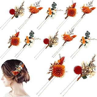 12 Pcs Burnt Orange Dried Flower Hair Pins for Wedding Bridal Shower Baby Breath Eucalyptus Leaves Boho Fall Hair Accessories Bulk for Brides Bridesmaid Women Girls