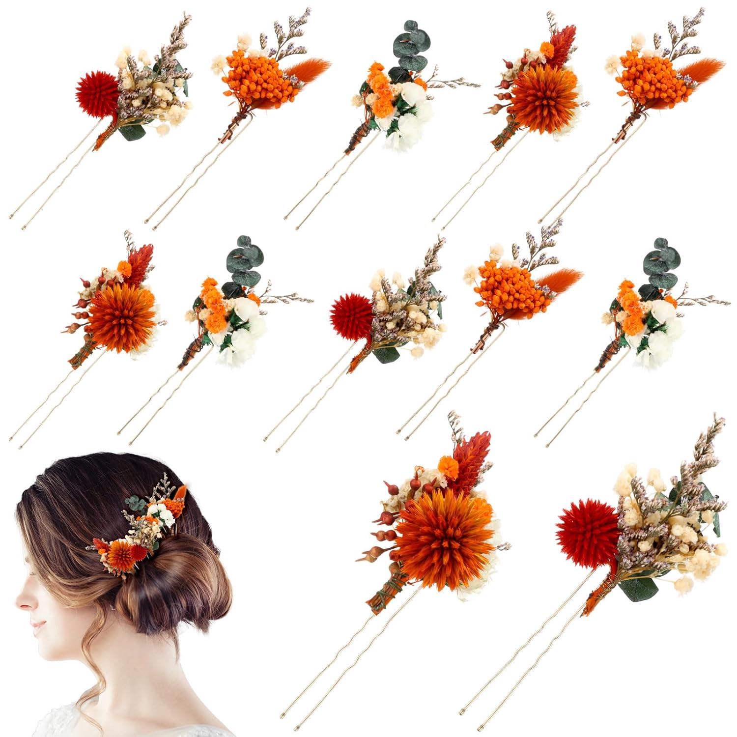 Daifunli 12 Pcs Burnt Orange Dried Flower Hair Pins for Wedding Bridal Shower Baby Breath Eucalyptus Leaves Boho Fall Hair Accessories Bulk for Brides Bridesmaid Women Girls