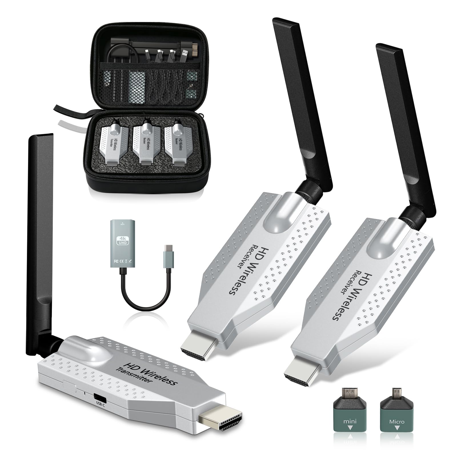 HDMI sans Fil Émetteur et 2 Récepteurs, 100 Mètres 1080P@60hz,Décodage 4K | Sac de Rangement Portable,Plug and Play,Double Bande 2.4G/5G,pour PC, Caméra, TV Box, Projecteur, Moniteur