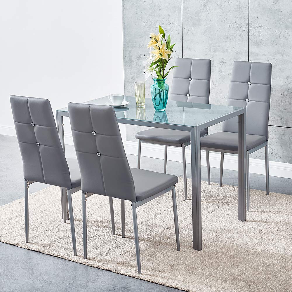 Panana Modern Gorgeous Glass Dinning Table With 4 Faux Leather High Back Stunning Chairs (Grey, 120CM table with 4 Chairs)