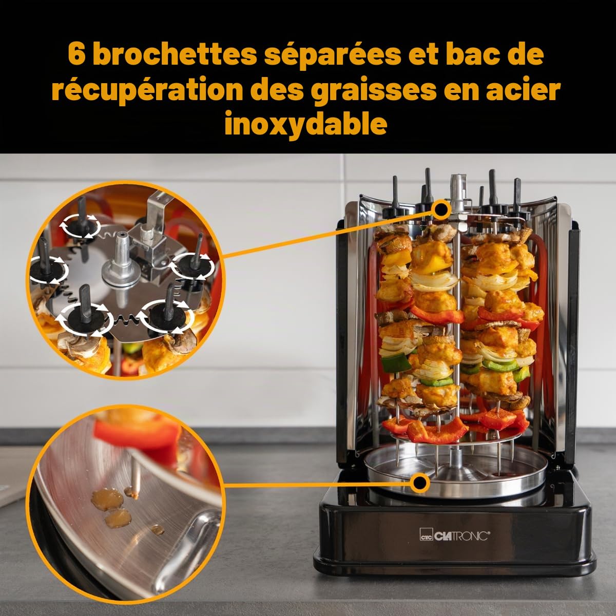 Clatronic® Döner Multigrill | Parfait pour les gyros, kebabs & Co | Gril gyros pour griller sans graisse à la maison | Gril à kebab Incl. tournebroche & 6 brochettes de viande | DVG 3686