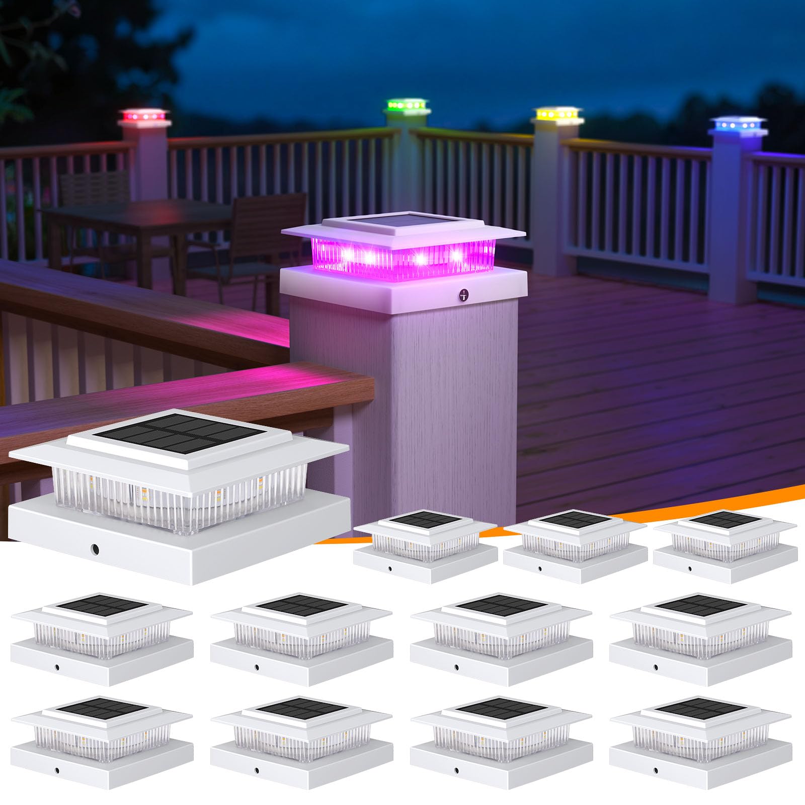 APONUO 12 Pack Solar Post Cap Lights Color Changing - 8 Solid Colors & Flowing Multicolor, IP65 Waterproof for 4x4 Wood/Vinyl Posts, Auto On/Off Deck