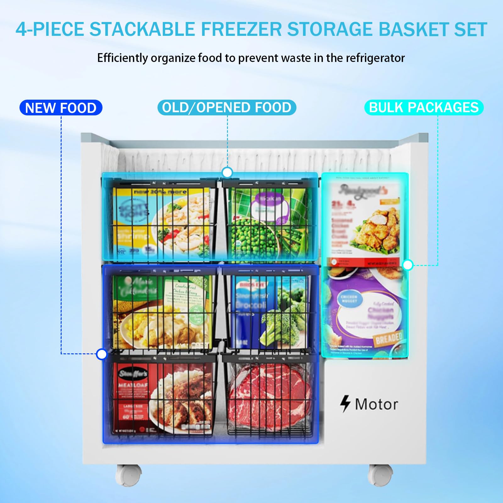 Panier Congélateur Coffre Empilable 4 Pièces, Bac de Rangement Congélateur Extensible avec Poignée, Organiseur Métal pour les congélateurs coffres de 5 à 9 pieds cubes, Accès Facile