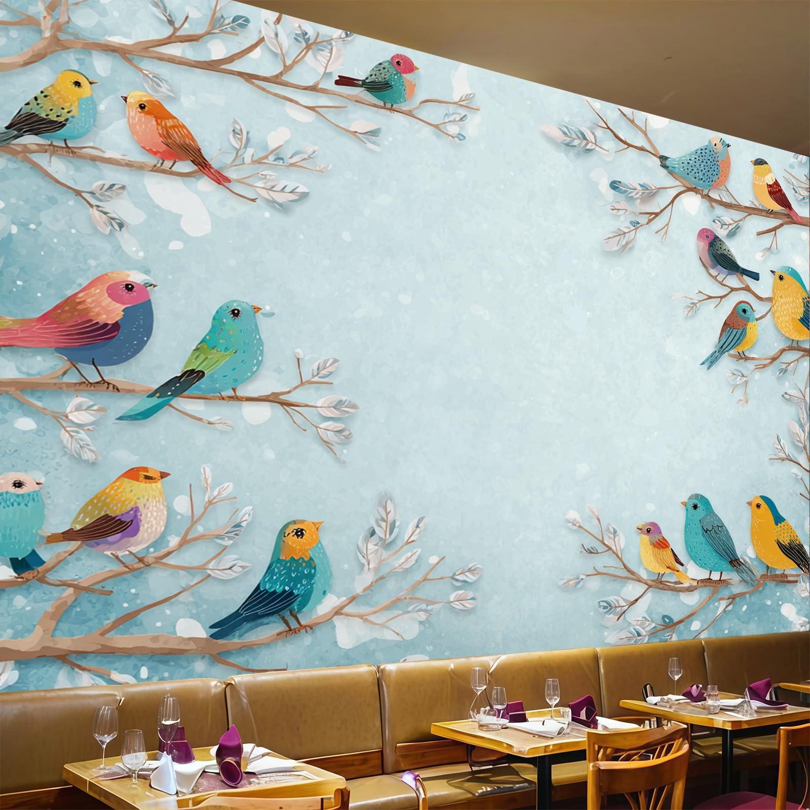 Papier Peint Oiseaux à l'aquarelle Intissé Bleu Décoration Murale Salon Chambre Tapisserie Murale 300 x 210 cm Moderne