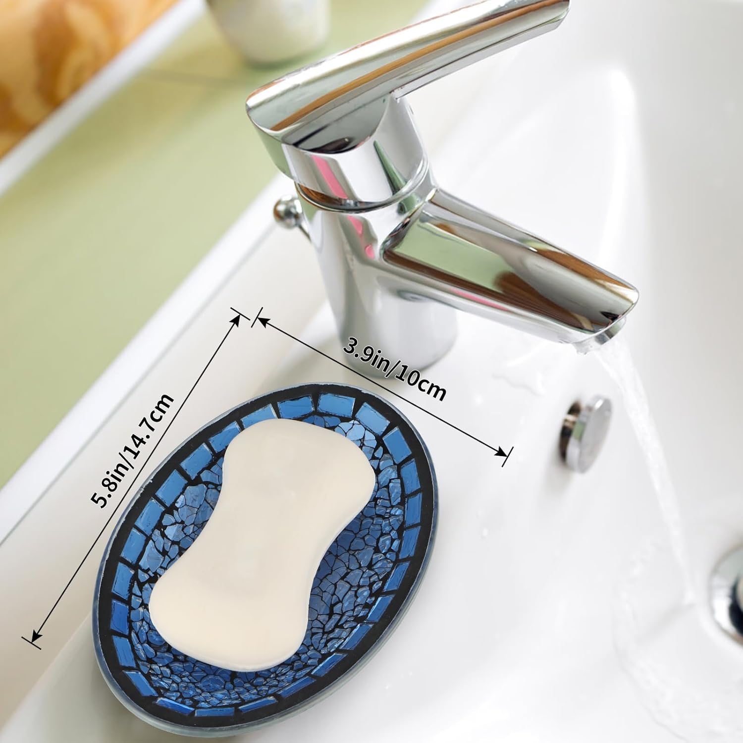 4 Pcs Mosaic Glass Bathroom Accessories Set, Modern Luxury Bath Ensemble, Includes Soap Dispenser, Cotton Swab Jar, Toothbrush Holder, Soap Dish (Shiny Blue)