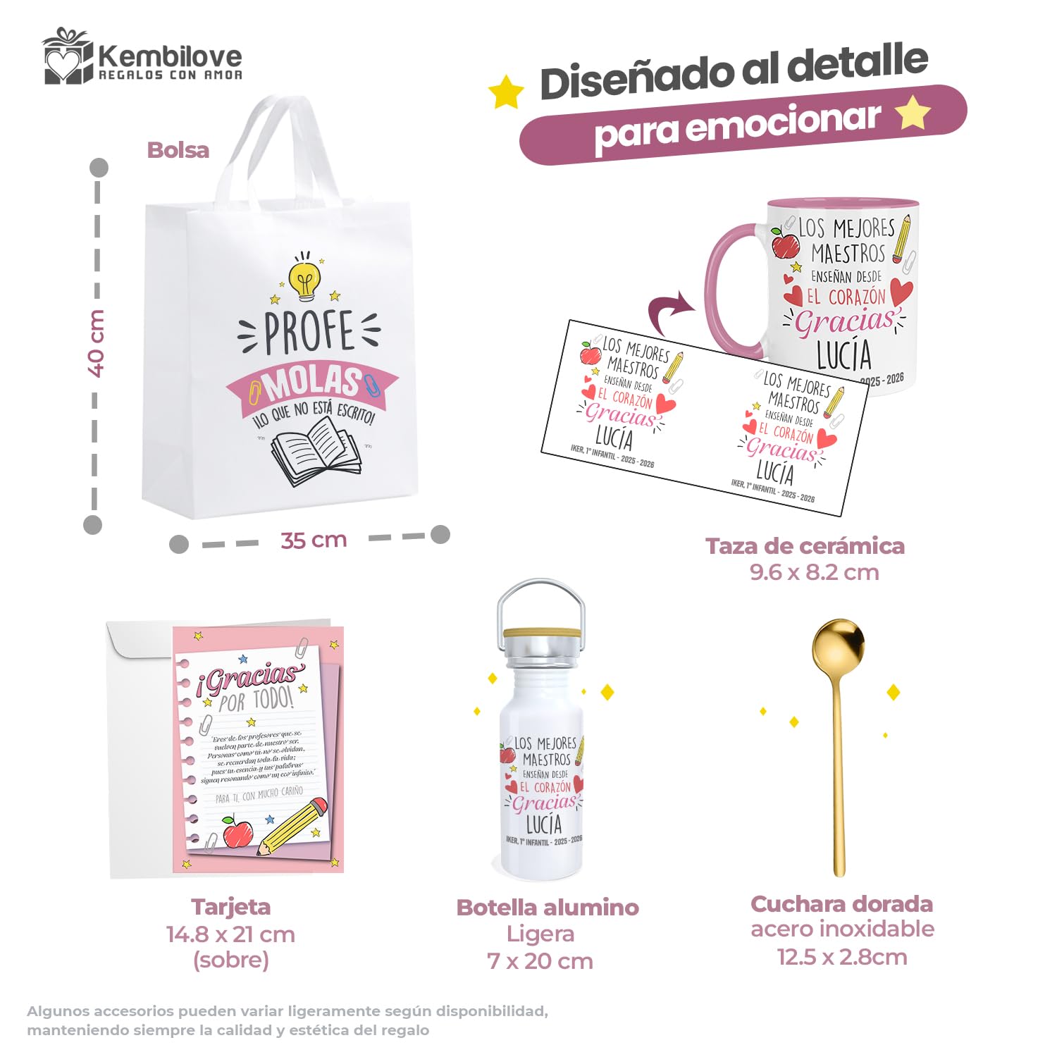 Kembilove® Personalizowany Zestaw Prezentowy Taza + Botella + Bolsa Fin de Curso Profesora