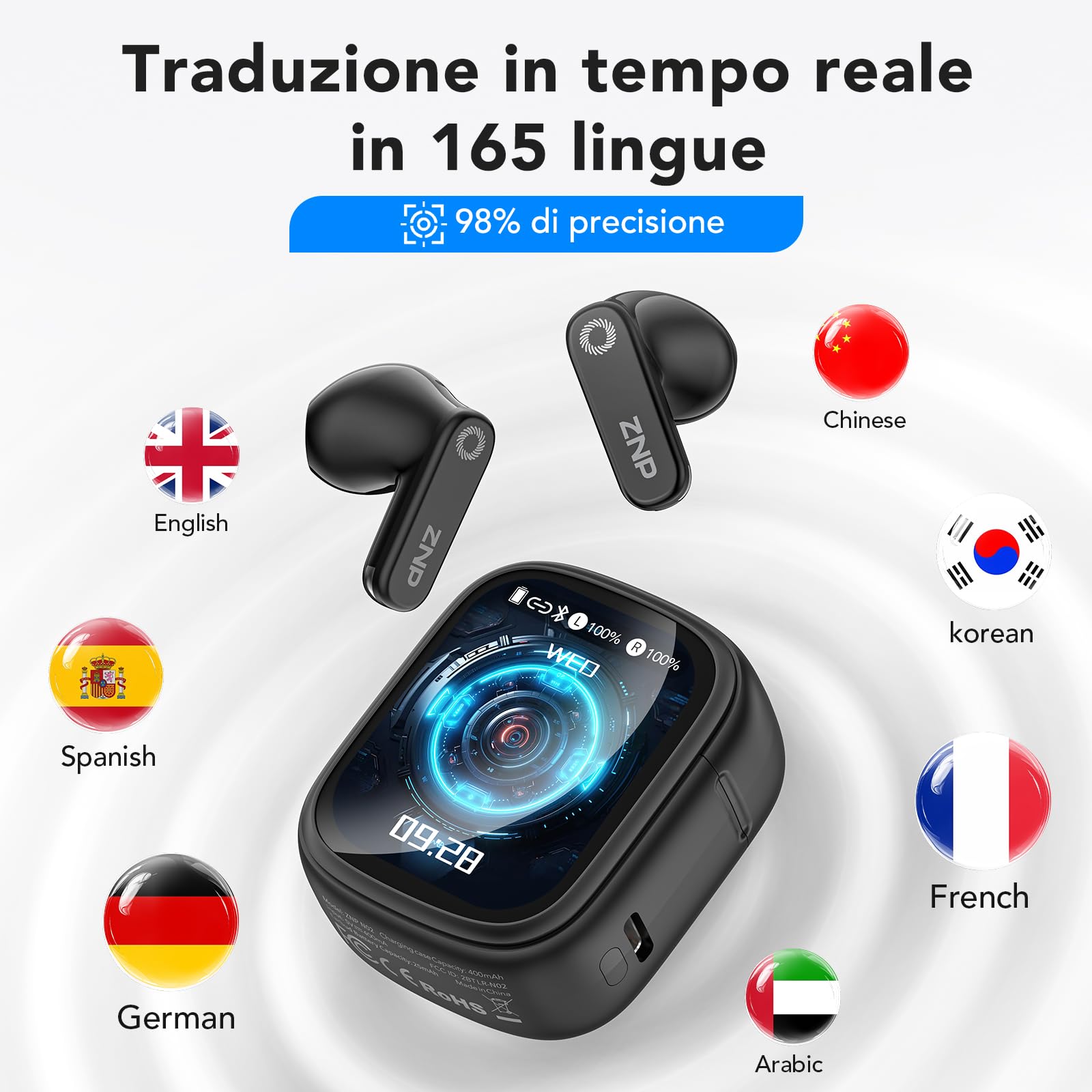 N02 Cuffie Traduzione Simultanea, 4-1 AI Auricolari Traduttore Suono Hi-Fi, 165 Lingue e 9 Modalità, Autonomia 48 Ore, Auricolari Touchscreen, Bluetooth 6.0 Ideali per Viaggi, Affari e Studio