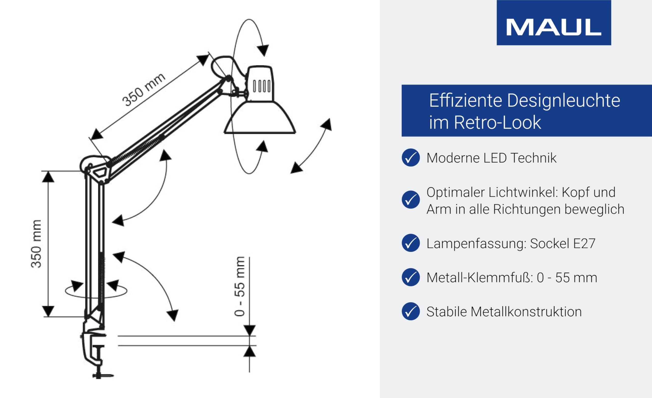 Maul Schreibtischlampe MAULstudy, Design Klemmleuchte Metall, Exklusive Leuchtmittel, Schwarz, 8230590, 1 Stück