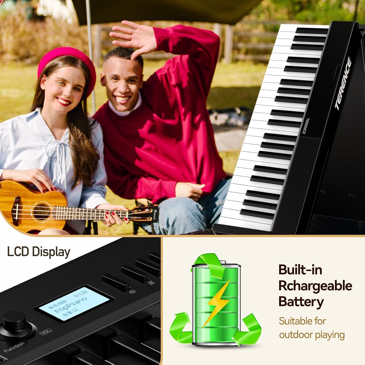 TERENCE Pieghevole Pianoforte Digitale 88 Tasti semi-pesati con batteria da 1800 mAh Altoparlanti 2x5W Bluetooth interfaccia MIDI supporto per spartiti Borsa adesiva Cavo audio con Pedale di sostegno
