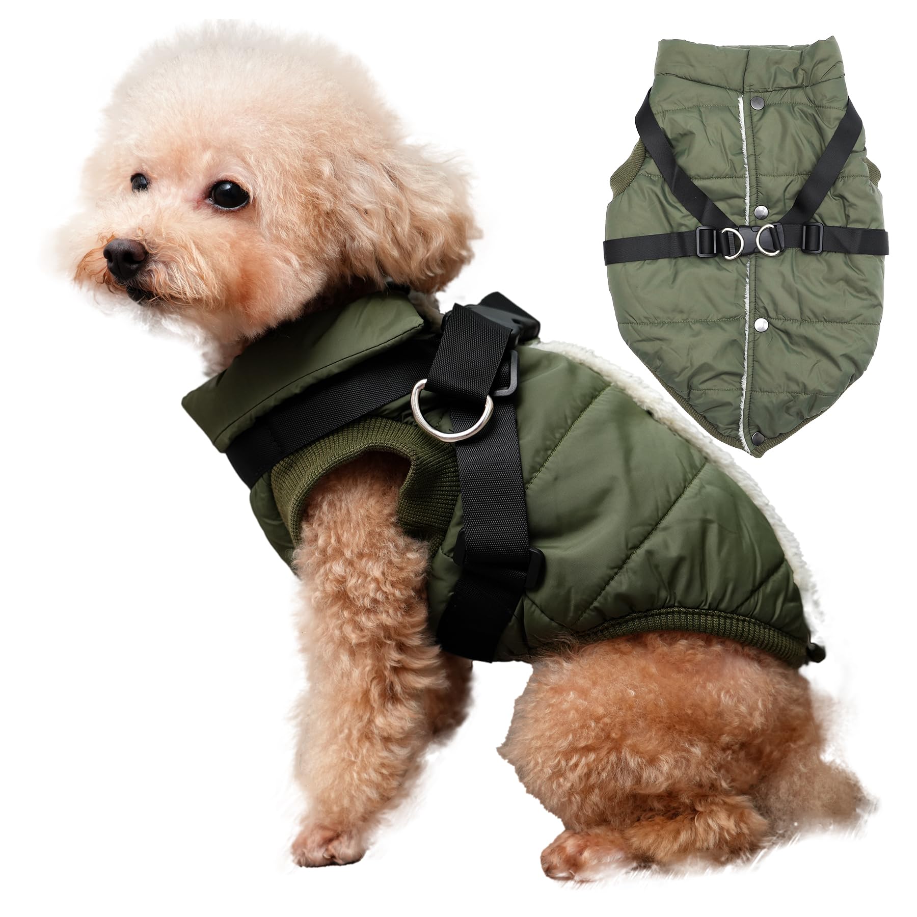 Photo 1 of JoyDaog Dog Jacket with Harness,Fleece Lined Warm Puppy Coat for Winter,Soft Windproof Small Dog Vest,Green XS