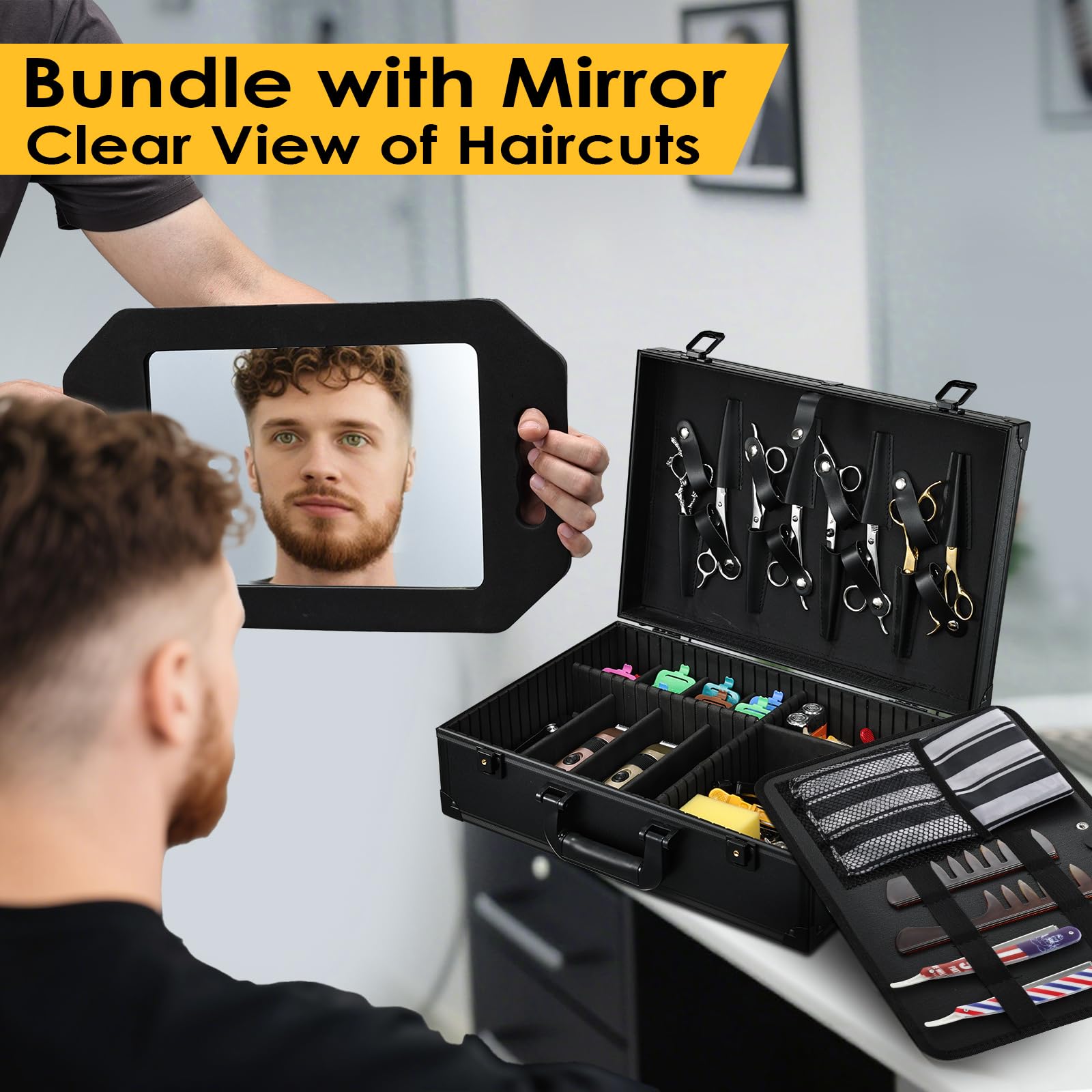 Yueieoun Barber Accessory Case with Mirror and Tool Organizer