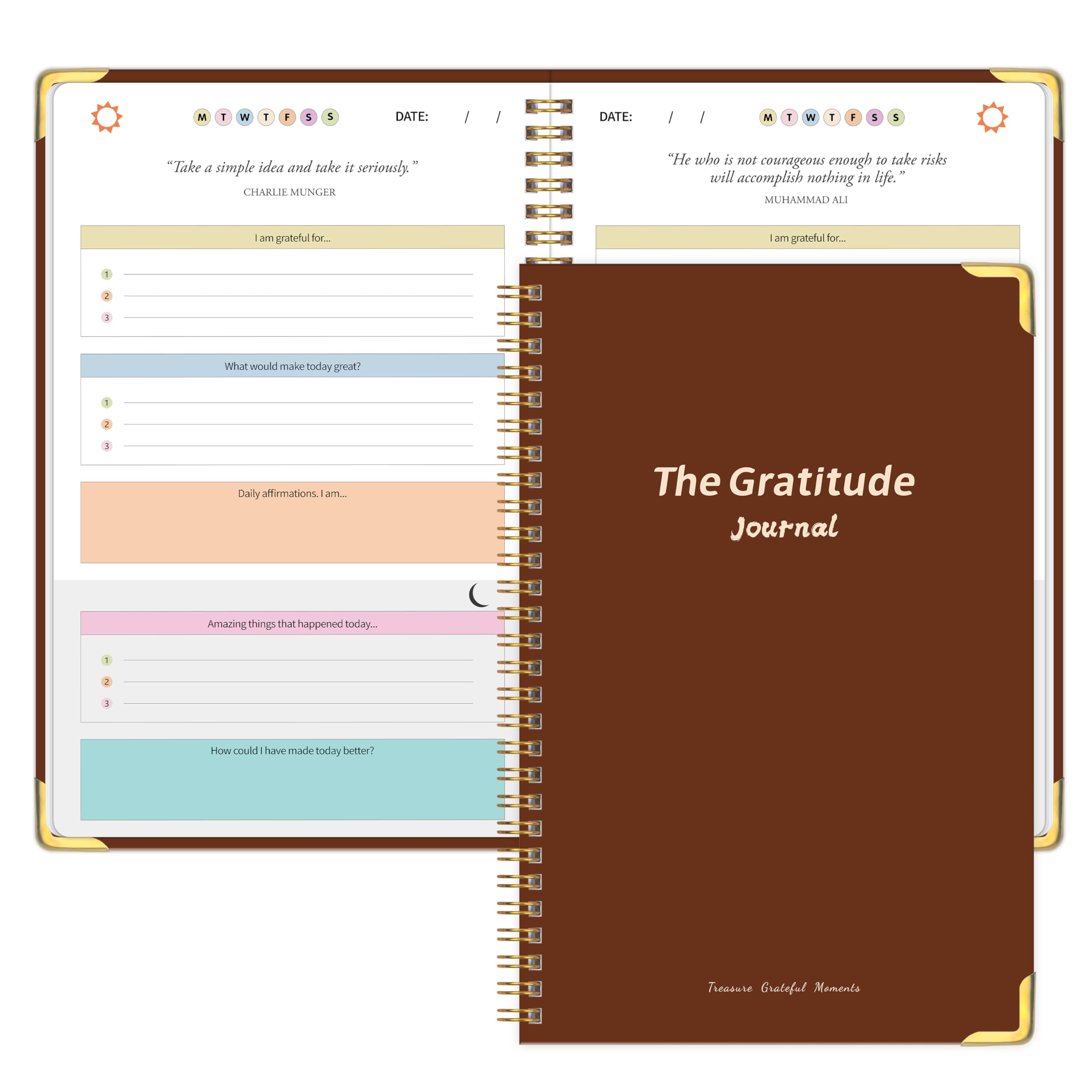 Gratitude Journal for Women Men, Undated Daily Gratitude Journal Spiral with Prompts & Quotes for Self Care, Happiness, Affirmation and Mindfulness, Hardcover, 5.9"x8.6"
