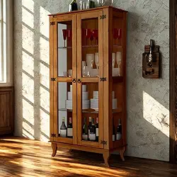 Cristaleira De Madeira Maciça Estilo Colonial Com Vidro Nas Portas E Prateleiras De Vidro Reforçado (Castanho)