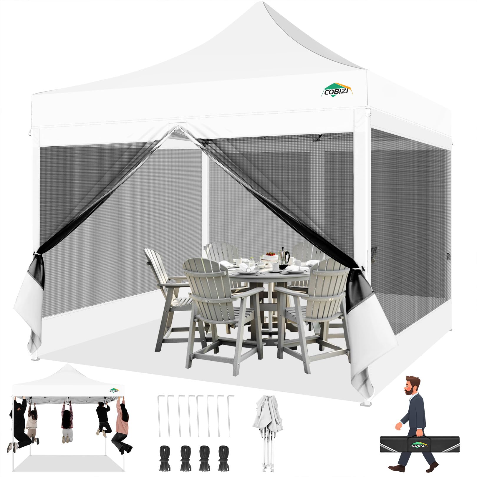 COBIZI 10x10 Pop up Gazebos with 4 Mosquito Netting Sidewalls,Heavy Duty Pop up Canopy Tent for Party,Outdoor Camping,Lawn and Backyard,Easy Set up Screen Tents with Handbag,White