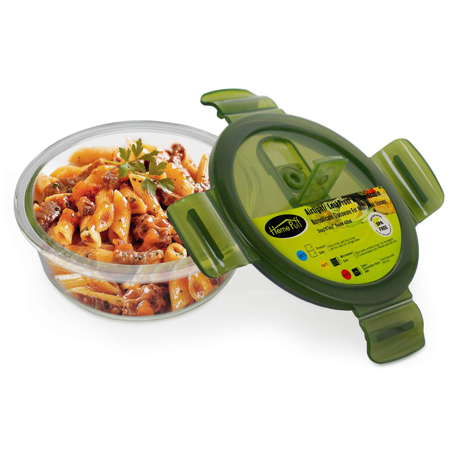 Home PuffBorosilicate Glass Lunch Box for Office, Airtight Leak-Proof Tiffin Box for Men and Women, Stain-free Lid, Easy to Clean, Kitchen Container, Microwave/Freezer Safe, 400ML, 1-Year Warranty