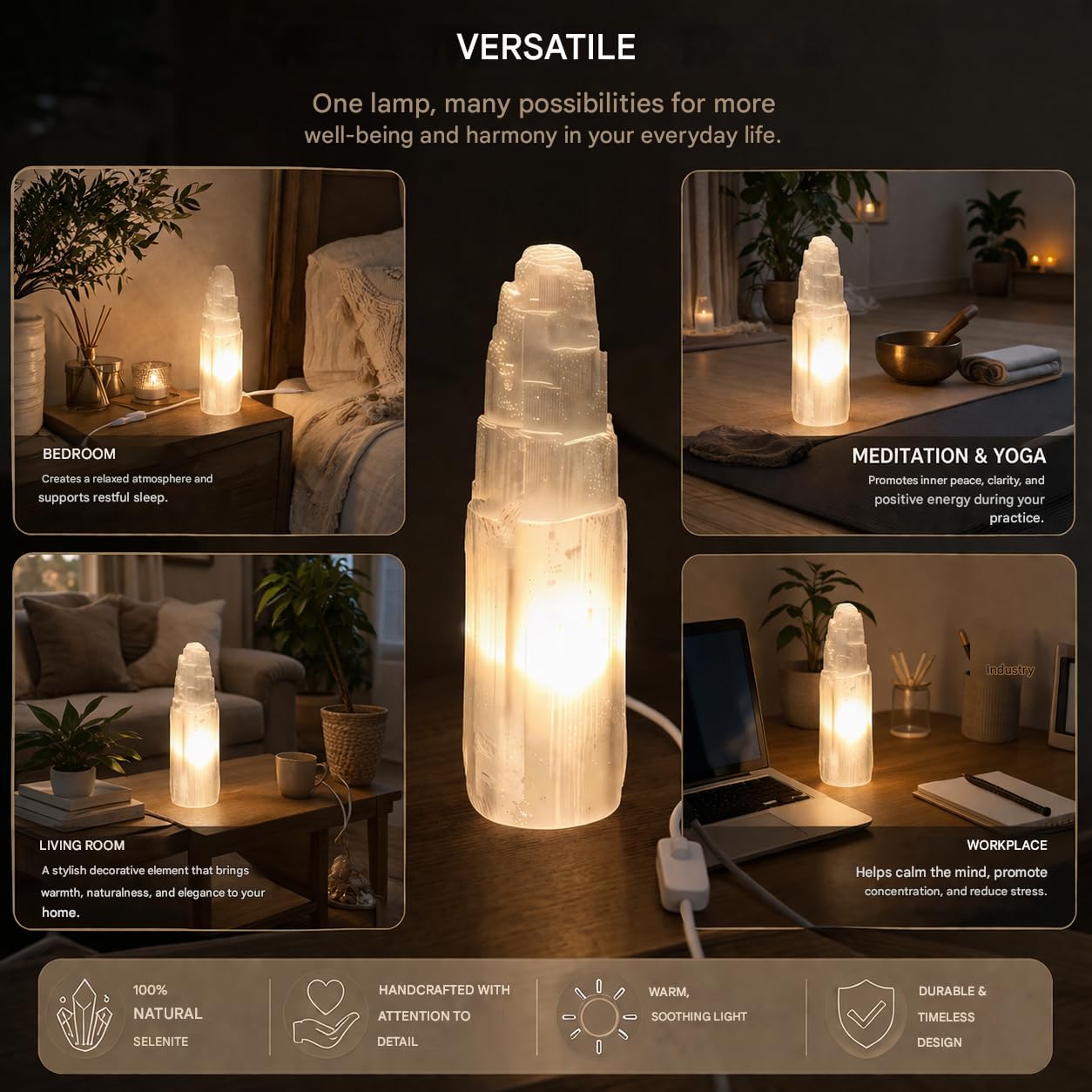 Lámpara de Torre de Selenita, Grande, Blanco Natural, Curación, Claridad y Meditación, Lámpara de Mesa de Cristal, Piedra Preciosa, Regalo, Mineral, Decorativo (35 cm)