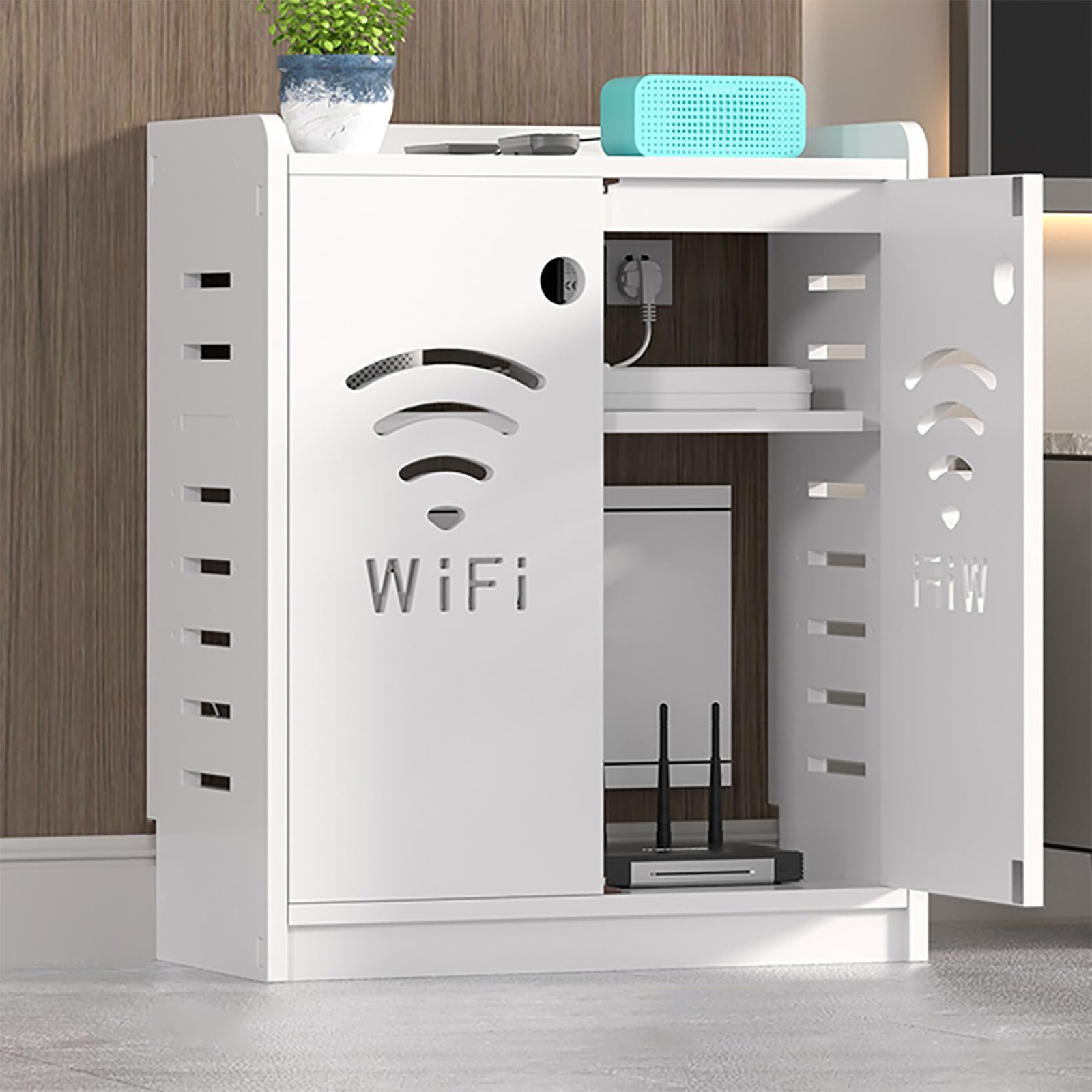 Support de routeur WiFi multi-appareils, étagère de gestion des câbles pour la maison, design bois-plastique, noir (50 x 25 x 60 cm) – Parfait pour les appareils électroniques nizing