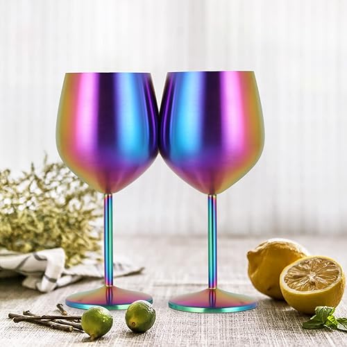 Miniatura 5 de Lifecapido Juego de 6 copas de vino de acero inoxidable, copas de vino coloridas de acero inoxidable de 18 onzas, copas de vino de metal con tallo y