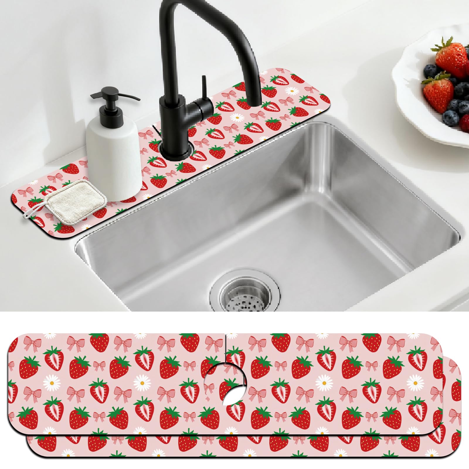 Tapis d'évier absorbant fraise 60x14 cm lot de 2 pour cuisine et salle de bain