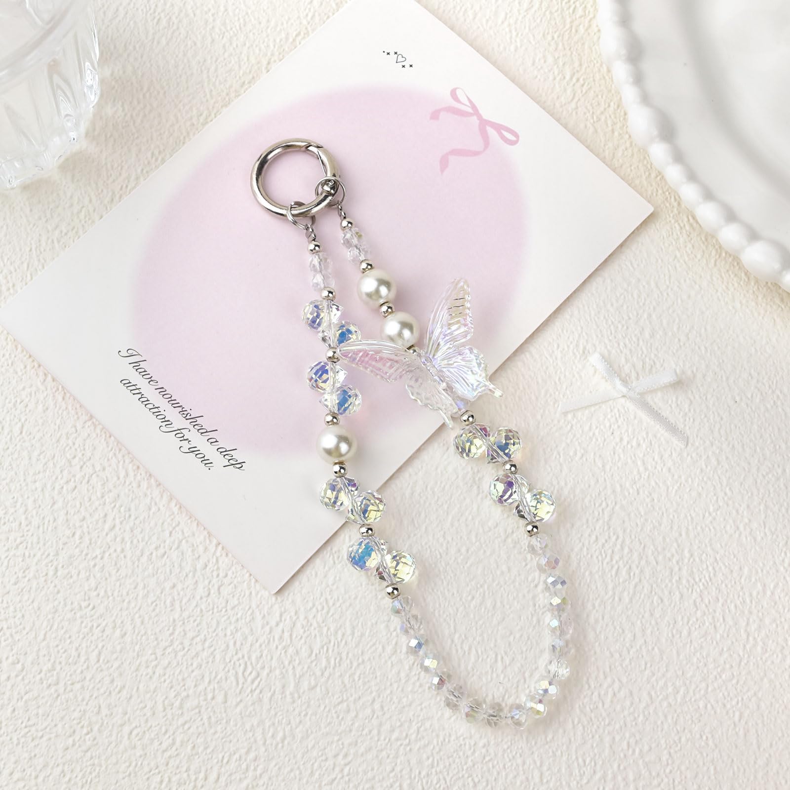 Fycyko Beaded Phone Wrist Strap,Crystal Glitter Cute Butterfly Keychain Wristlet,Phone Chain Wristlet Purse Bag Charms — view 4