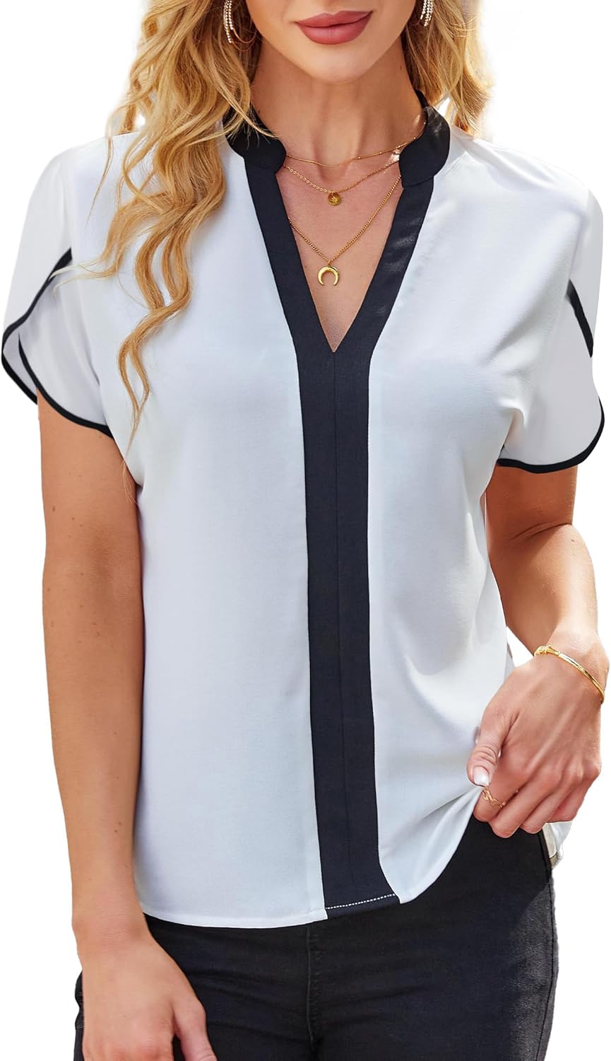 Avanova レディース カラーブロック Vネック 半袖 ブラウス シャツ ワークエレガント ドレッシーなトップス