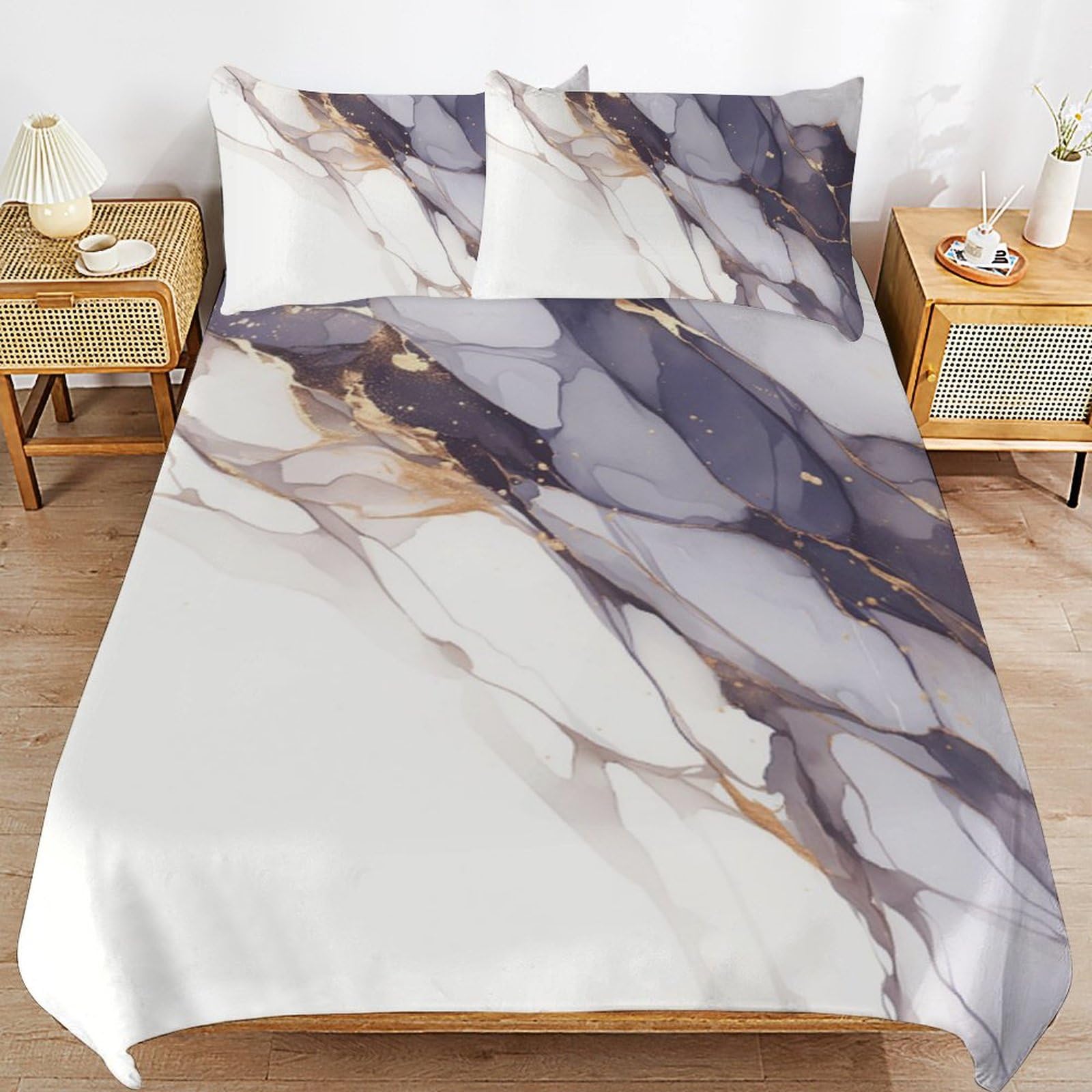 Linge de lit microfibre anti-plis et facile à enfiler, lot de 3 parures zippées motif marbre