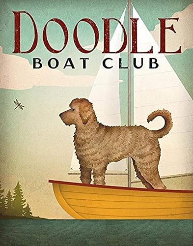 Miniatura 1 de Buyartforless Doodle Boat Club Sailboat by Ryan Fowler, 14 x 11 pulgadas, Labradoodle Lake Signs Perros Animales, Póster de arte multicolor (WAP
