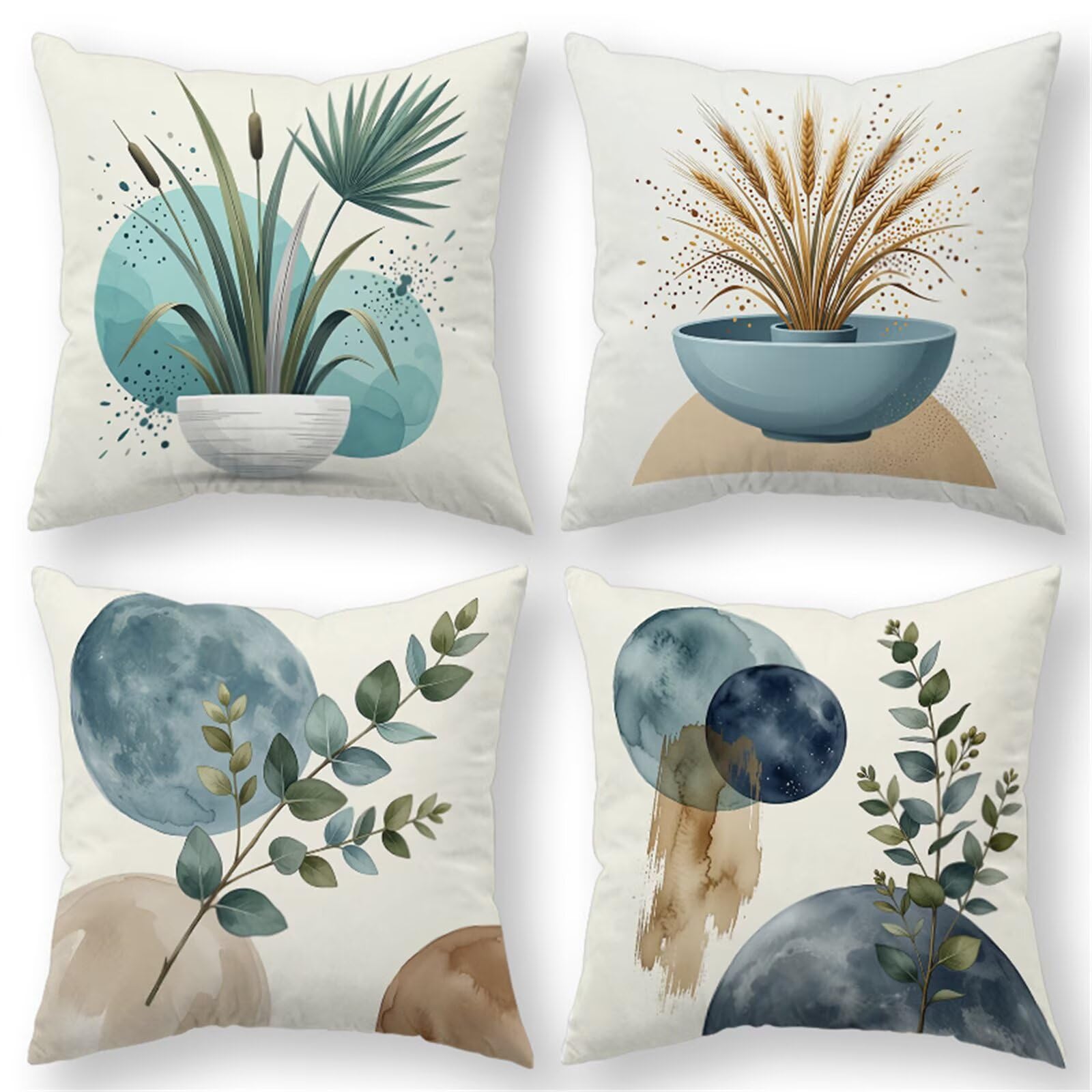 QiHon Cushion Covers 55x55 cm Set of 4 Plant Leaves Linen Square Pillow Cases 22x22 inch Modern Decorative Throw Pillow Covers for Sofa Couch Bedroom Home Office with Invisible Zipper