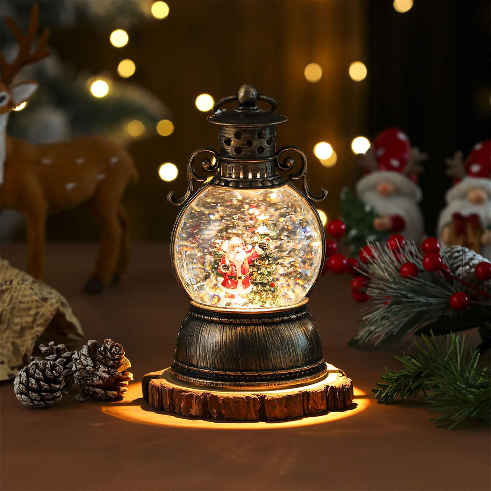 Décoration de Noël étincelante en résine avec base rotative et lumières LED musicales pour décoration de table festive, festival, fête à la maison