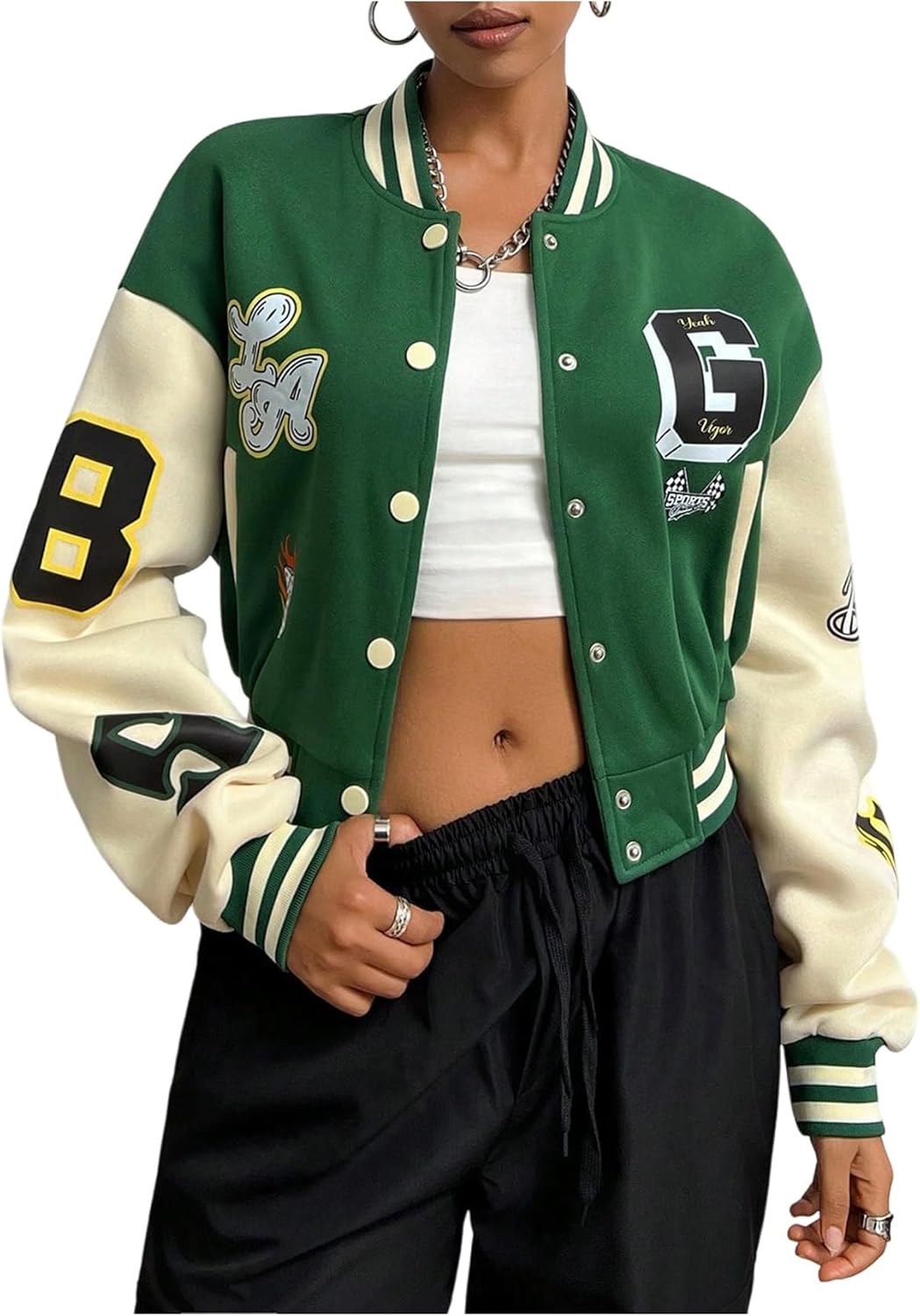 Milumia Women's Letter Print Button Down Varsity Jacket Baseball Collar Neck Crop Jackets Streetwear