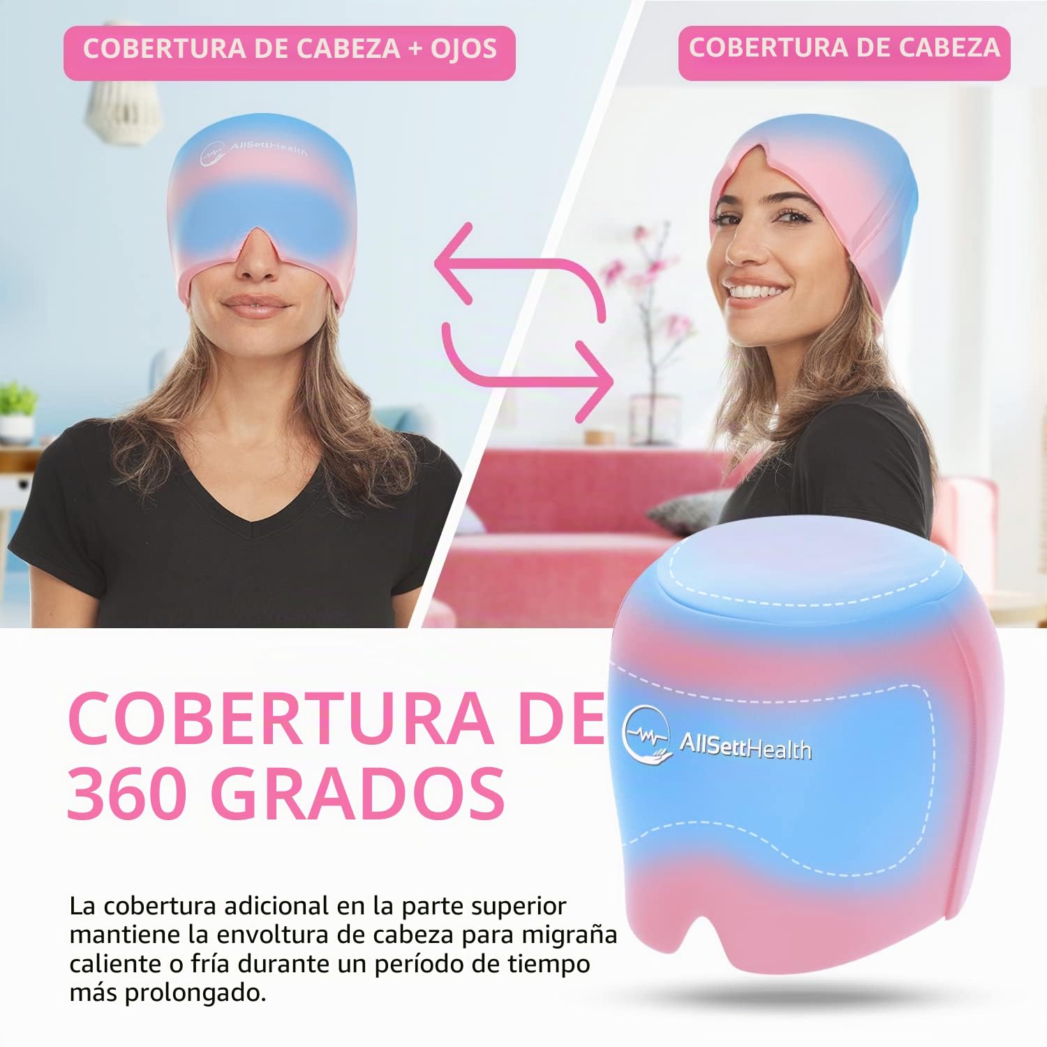 AllSett Health Alivio de la migraña, envoltura de cabeza de hielo para el dolor de cabeza y migraña, paquete de hielo de gel frío con máscara facial y de ojos para enfriar la migraña, alivio del dolor