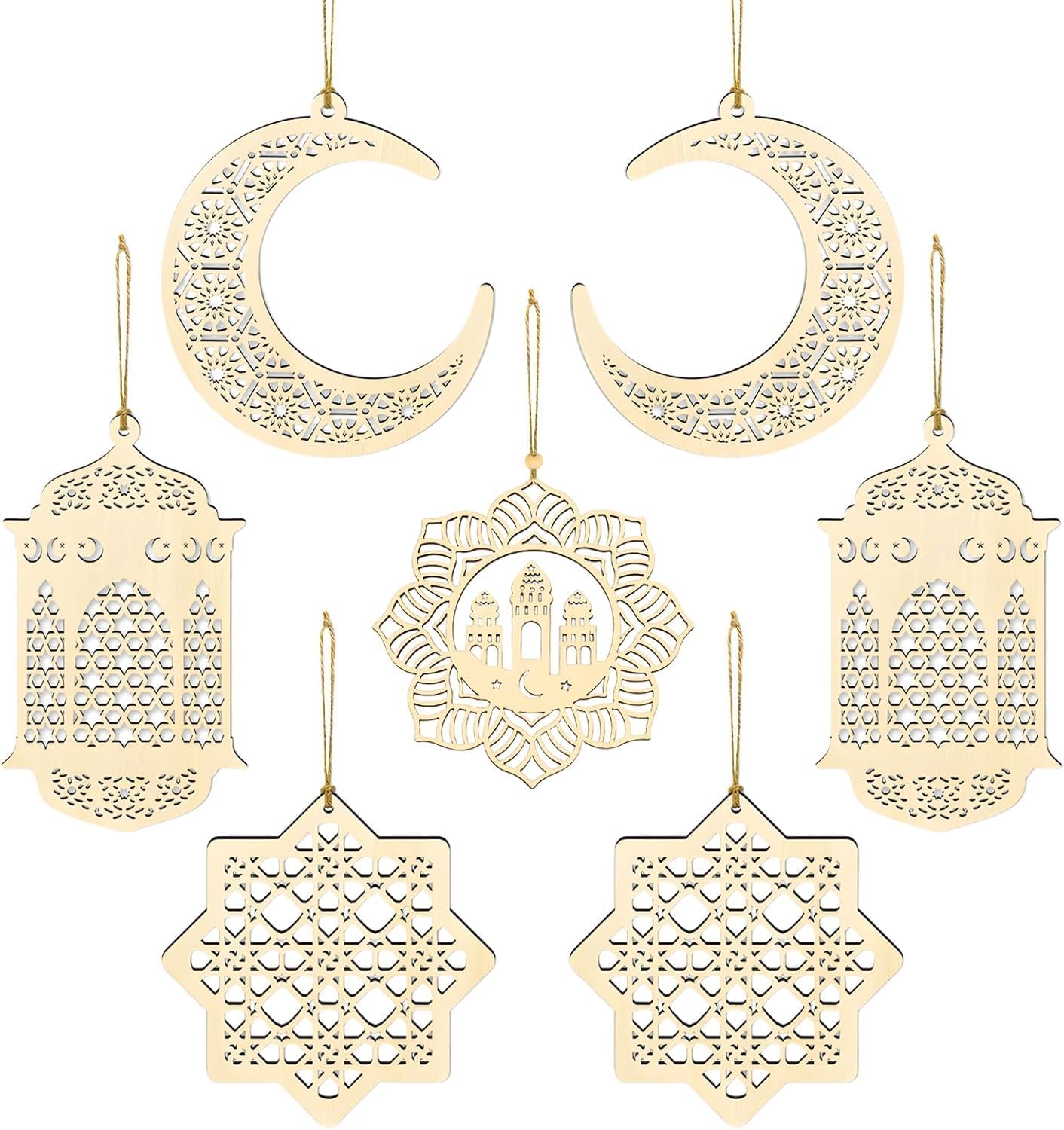 Ramadan Wooden Pendant Set - 7 Pcs Moon Star Wind Light Castle Hanging Eid Decoration for Home and Outdoor, Eid Mubarak Ornament