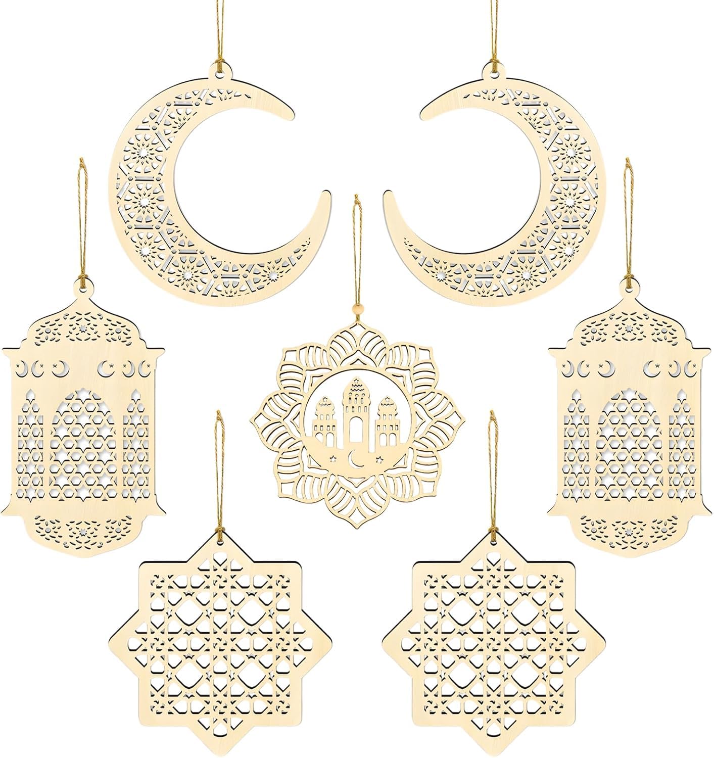 AUXHCYL Ramadan Wooden Pendant Set - 7 Pcs Moon Star Wind Light Castle Hanging Eid Decoration for Home and Outdoor, Eid Mubarak Ornament