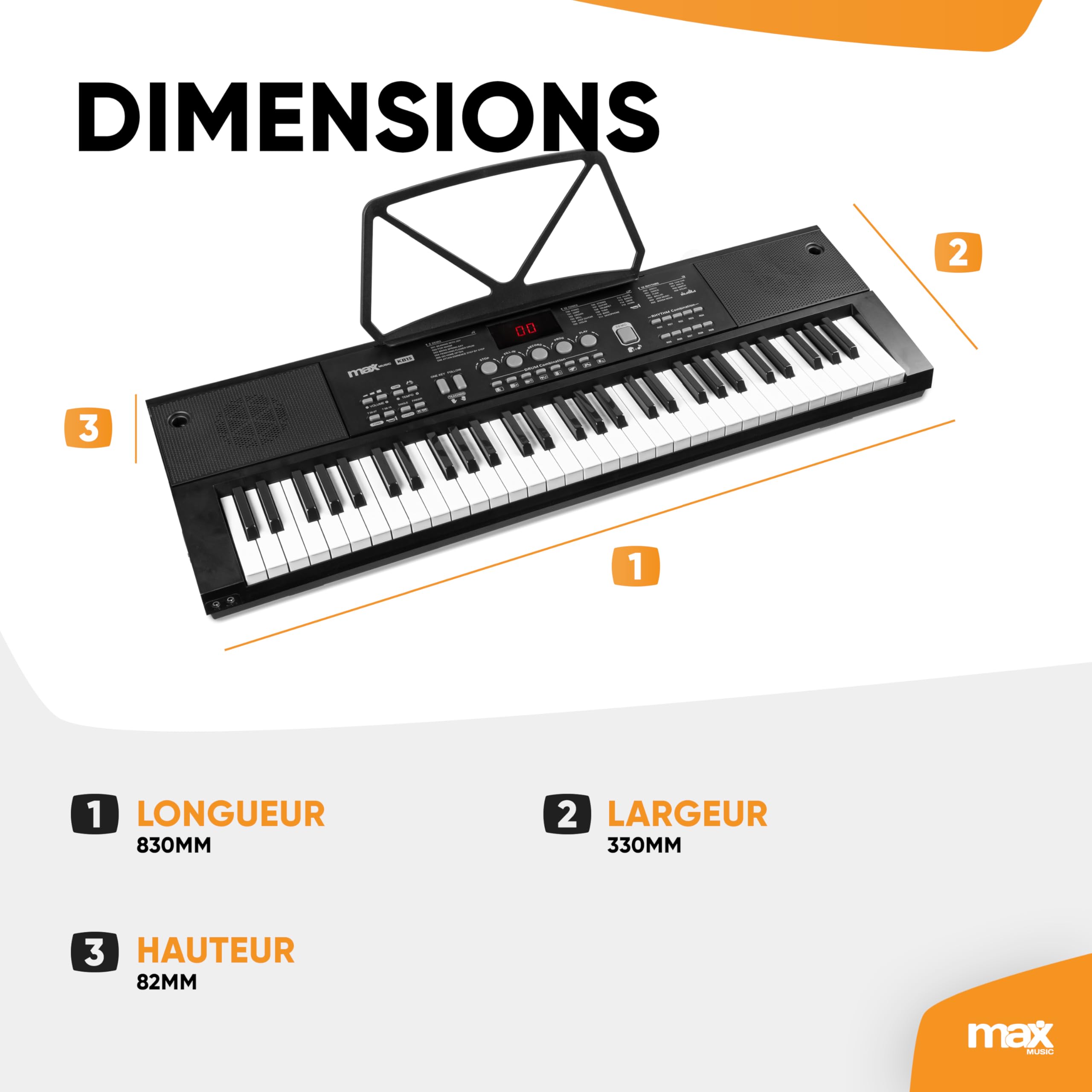 Max KB15 Clavier Électronique 61 Touches Stand et Casque Audio Inclus | Apprentissage Musical pour Débutants, Expérience Interactive et Ludique, Deux Haut-parleurs Intégrés, Pratique Maison