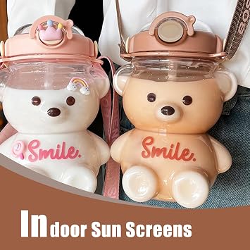 Kawaii Water Bottle with Straw and Strap, 1L Cute Bear Water Bottles Portable Leakproof BPA-Free Plastic Drinking Cups for Kids Girls Women Sports Camping Picnic Hiking Travel, Sports