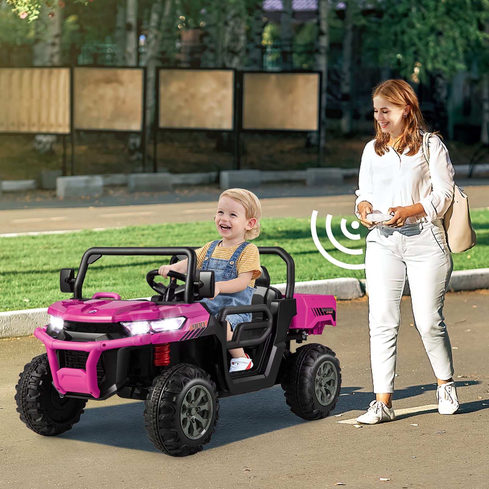 COSTWAY 12V Voiture Électrique Enfants 2 Places avec Télécommande 2,4 G & Pelle & Benne, Véhicule Électrique avec Phares LED & Musique, Vitesse 3-8 KM/H, Charge 50kg pour Enfant de 3-8 Ans